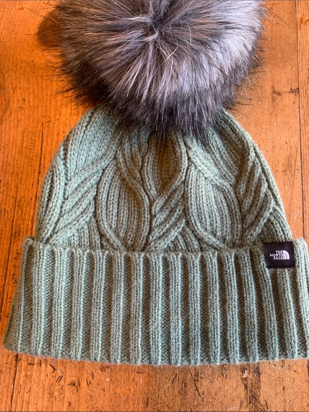 The North Face Kids Sage Green Cable Knit Pom Beanie